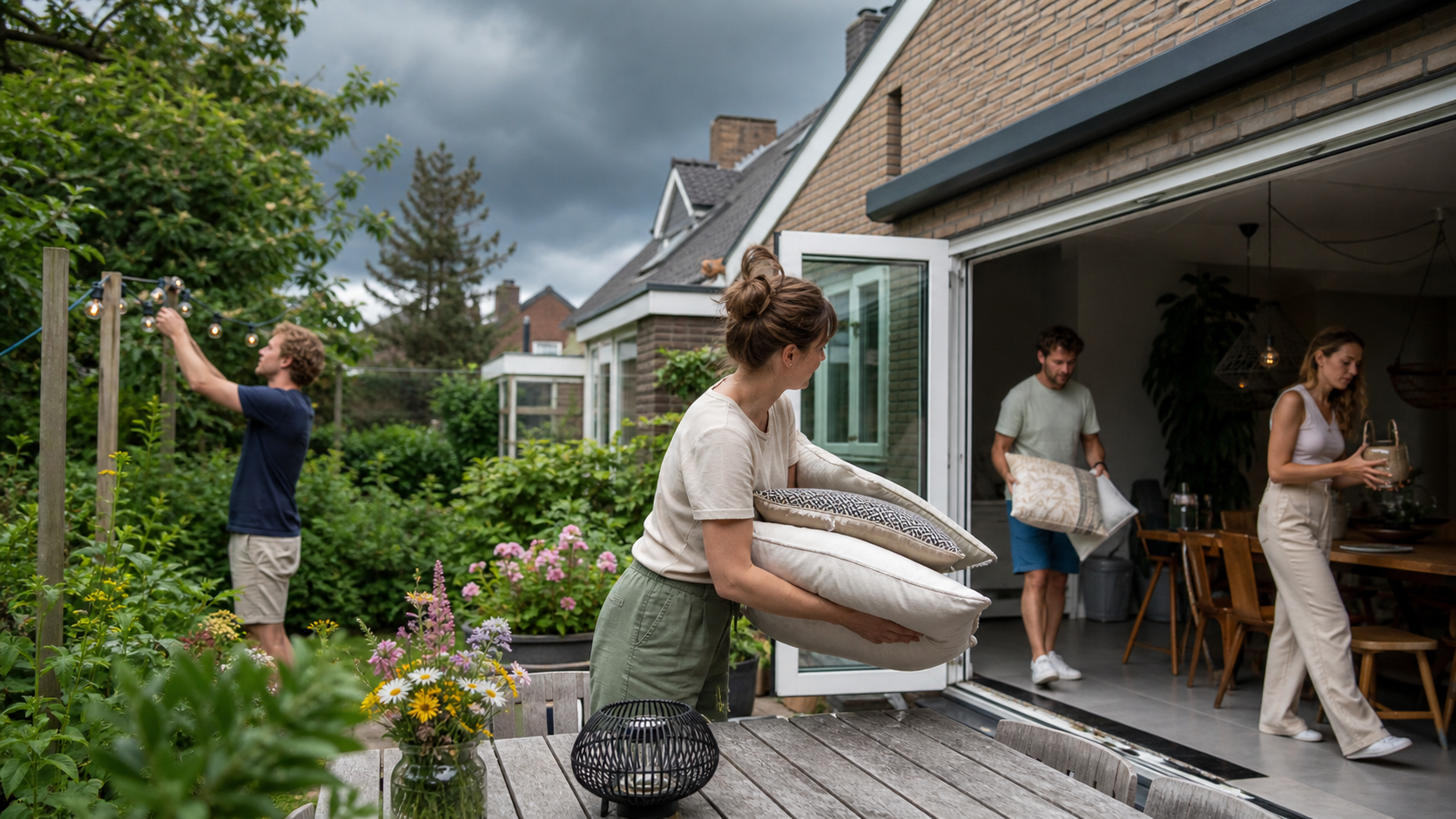 Vrienden brengen spullen naar binnen terwijl donkere wolken een tuinfeest naderen