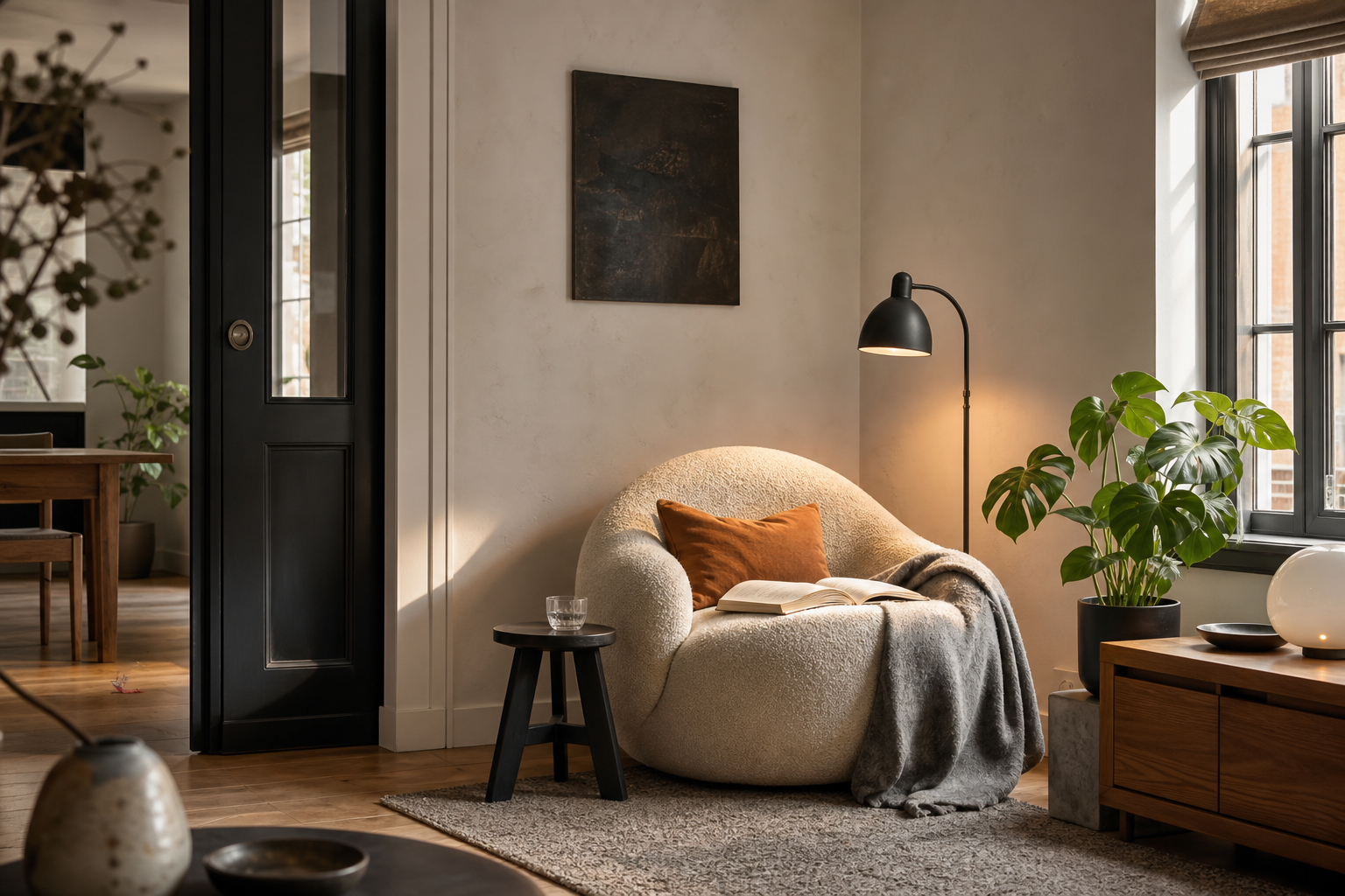 Knusse leeshoek met ronde stoel, warme lamp, boek en oranje kussen